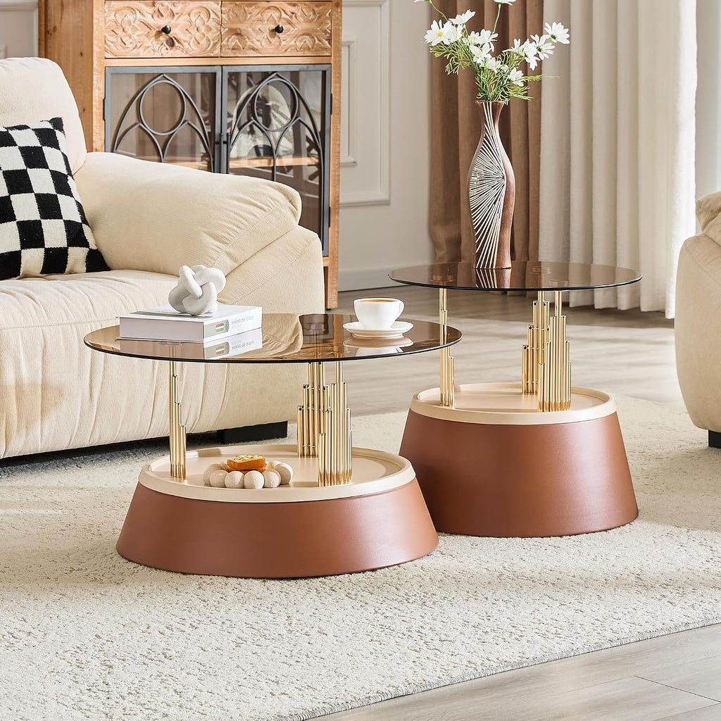 2-Piece Nesting Coffee Table Set, Brown and Gold Metal, Round Side Tables | Nesting Design, Set of 2, Round Side Tables, Metal Frame, Brown & Gold Finish