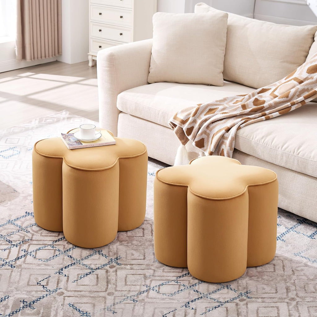 Zesthouse Flower Pouf Ottoman Foot Rest, Velvet Fabric Poofy Ottoman Footstool for Couch Sofa, Modern Living Room Stool Seat for Under Entry Table, Cute Square Vanity Stool for Bedroom Dorm, Camel