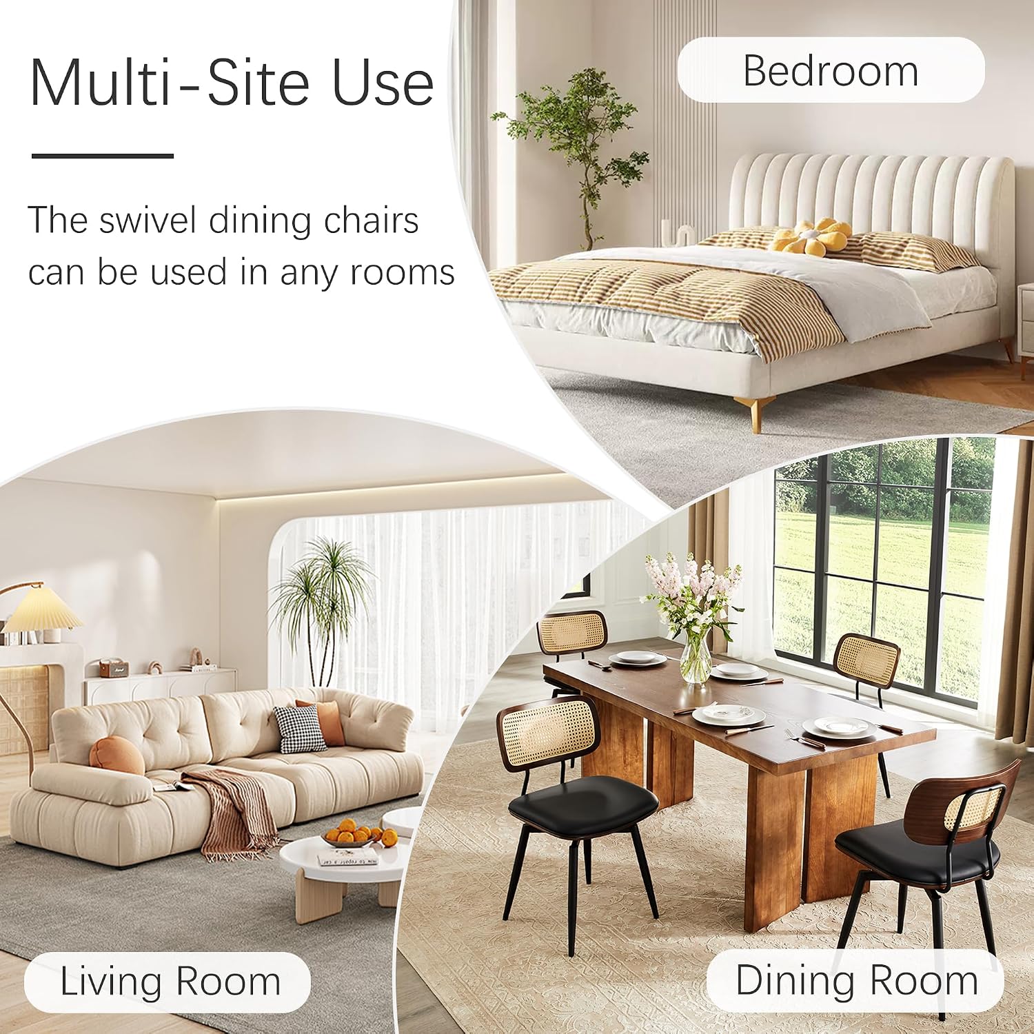 Dining Chairs, Swivel Dining Chairs Set of 6, Faux Leather & Rattan Walnut Dining Room Chairs, Bentwood & Metal Frame Upholstered Chairs with 360°Rotation, Modern Kitchen/Living Room Chair (Black)