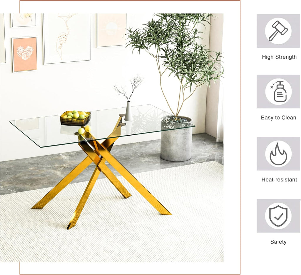 Gold Glass Dining Table for 4 Modern 51.2" Rectangular Kitchen Dining Room Table for 4 with X-Shape Metal Base Large Clear Glass Top Dining Tables for Home Kitchen