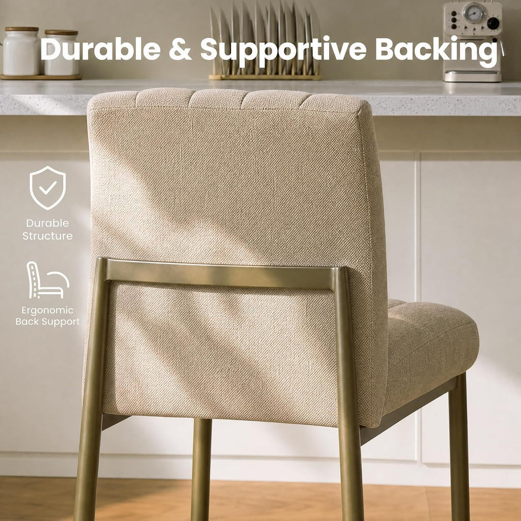 GrandNoor Comfortable Bar Stools Set of 2, 26” Thick Upholstered Counter Height Bar Stools with Back, Linen Counter Stools with Metal Legs for Kitchen Island, Khaki