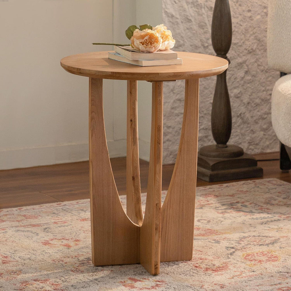 Wood Side Table, Modern Round End Table with Curved Leg, Mid-Century 24.80" Bedside Table for Living Room Bedroom Office