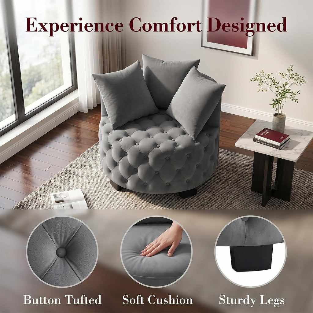 Upholstered Tufted Accent Barrel Chair with 3 Pillows, Contemporary Round Lounge Club Sofa Chair, Leisure Armchair for Living Room Hotel Bedroom, Dark Gray Velvet