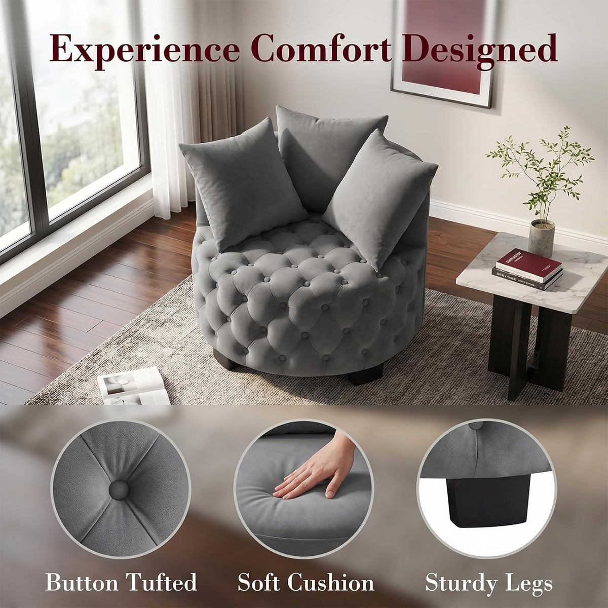 Upholstered Tufted Accent Barrel Chair with 3 Pillows, Contemporary Round Lounge Club Sofa Chair, Leisure Armchair for Living Room Hotel Bedroom, Dark Gray Velvet