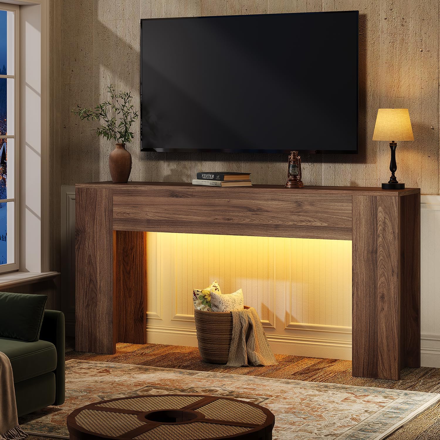 UNIQUITE 63-Inch Long Console Table with RGB LED Lights, Extra Wide and Thick Sofa Table Behind Couch, Farmhouse Entryway Table for Entrance, Hallway, Living Room, Brown