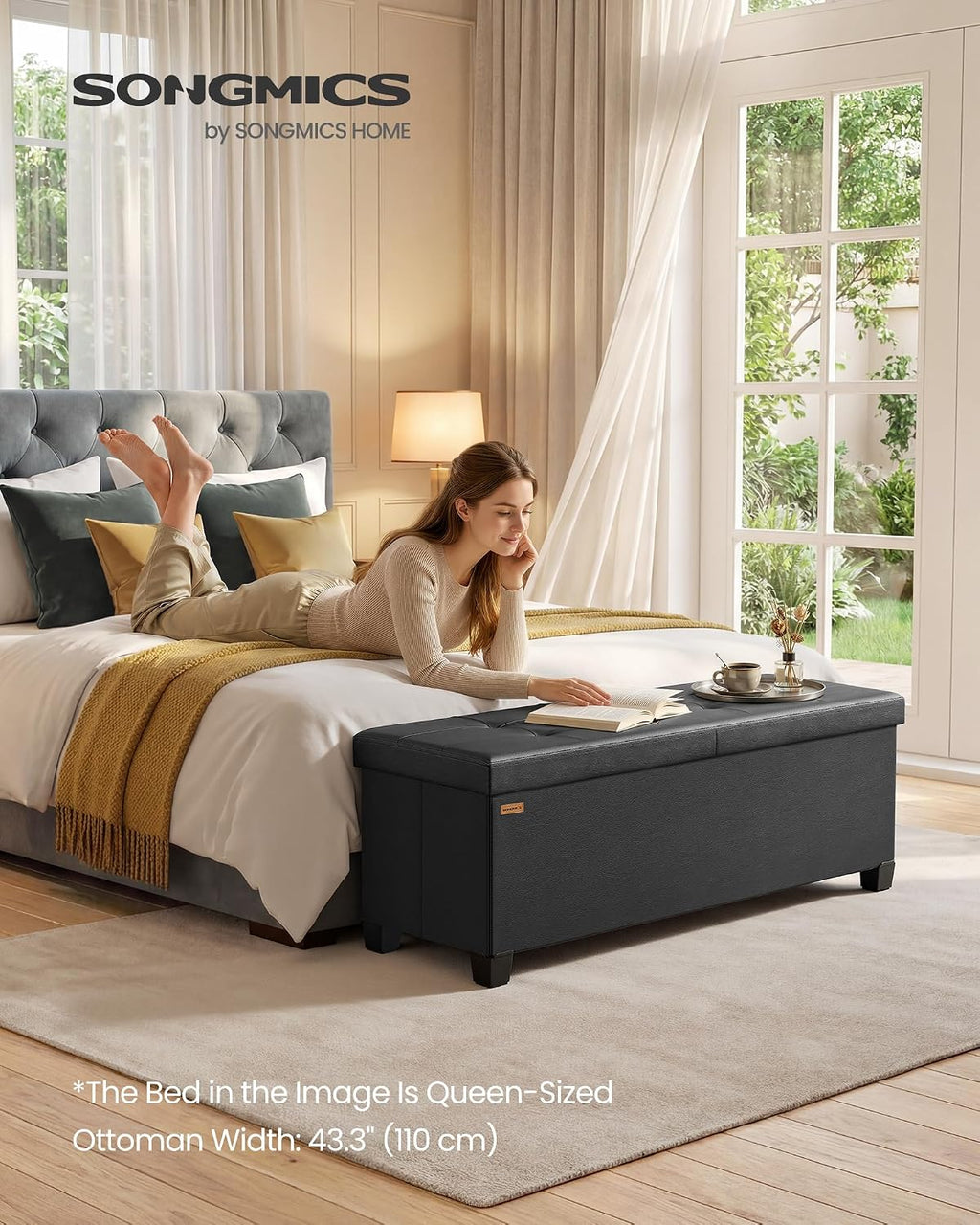 SONGMICS Storage Ottoman Bench with Legs, Flipping Lid, 43.3 Inches | Folding Ottoman Foot Rest, PU Leather, for Living Room, Bedroom, Entryway, Black, Mazie Collection ULSF085BH01