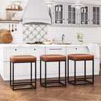 ALPHA HOME 24 Inch Counter Height Bar Stools Set of 3, Brown | Modern Barstools, Metal Bar Stool for Kitchen Island, Faux Leather Countertop Stools