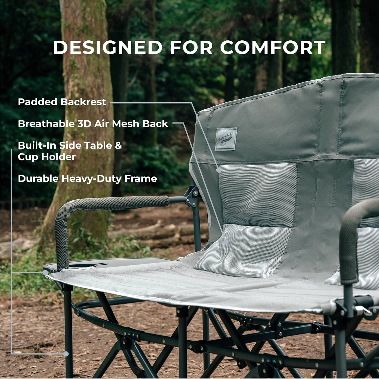 Camphor Designs Oversized Double Portable Folding Director’s Loveseat Chair with Padded Backrest, Side Table | Outdoor Sports, Beach, Lawn, Hunting, Tailgating, Fishing| Supports 300 Lbs/Seat