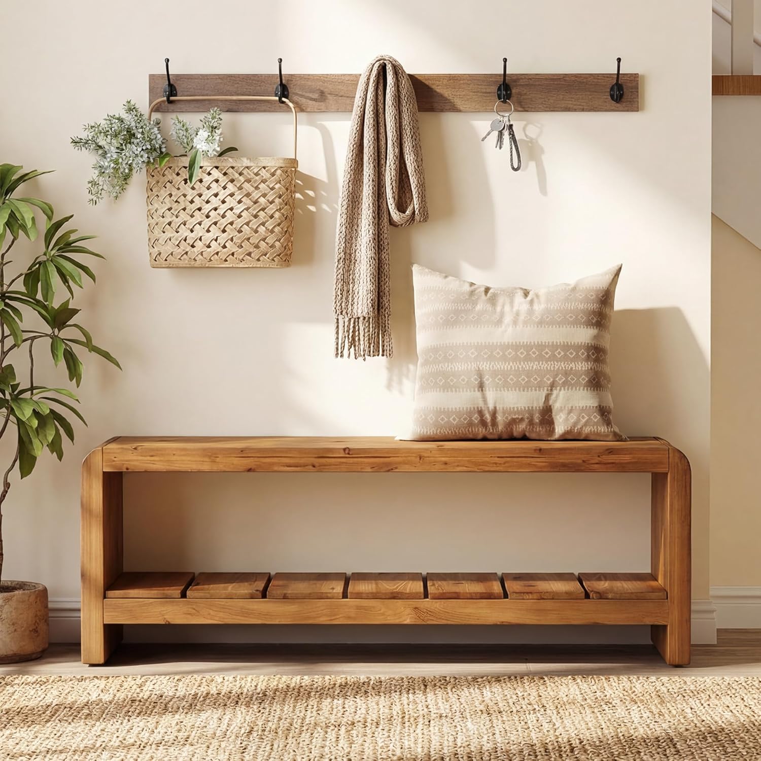 Solid Wood Entryway Bench with Shoe Storage, 59.06-Inch Long Shoe Bench with Open Shelf, Farmhouse End of Bed Seating for Hallway, Foyer, Bedroom, Walnut Brown
