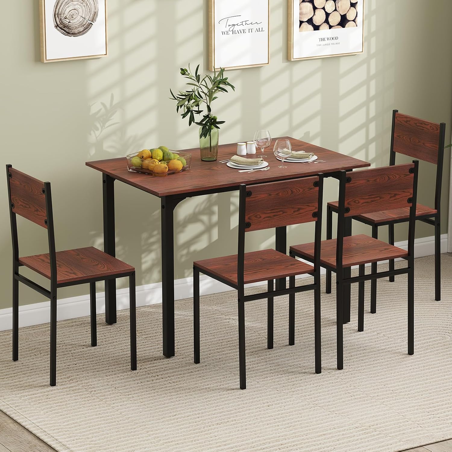 GOFLAME 5-Piece Dining Table Set, Industrial Kitchen Table and Chairs for 4 with Backrest and Metal Frame, Rectangular Space-Saving Dinette Set for Dining Room, Apartment, Small Space, Walnut