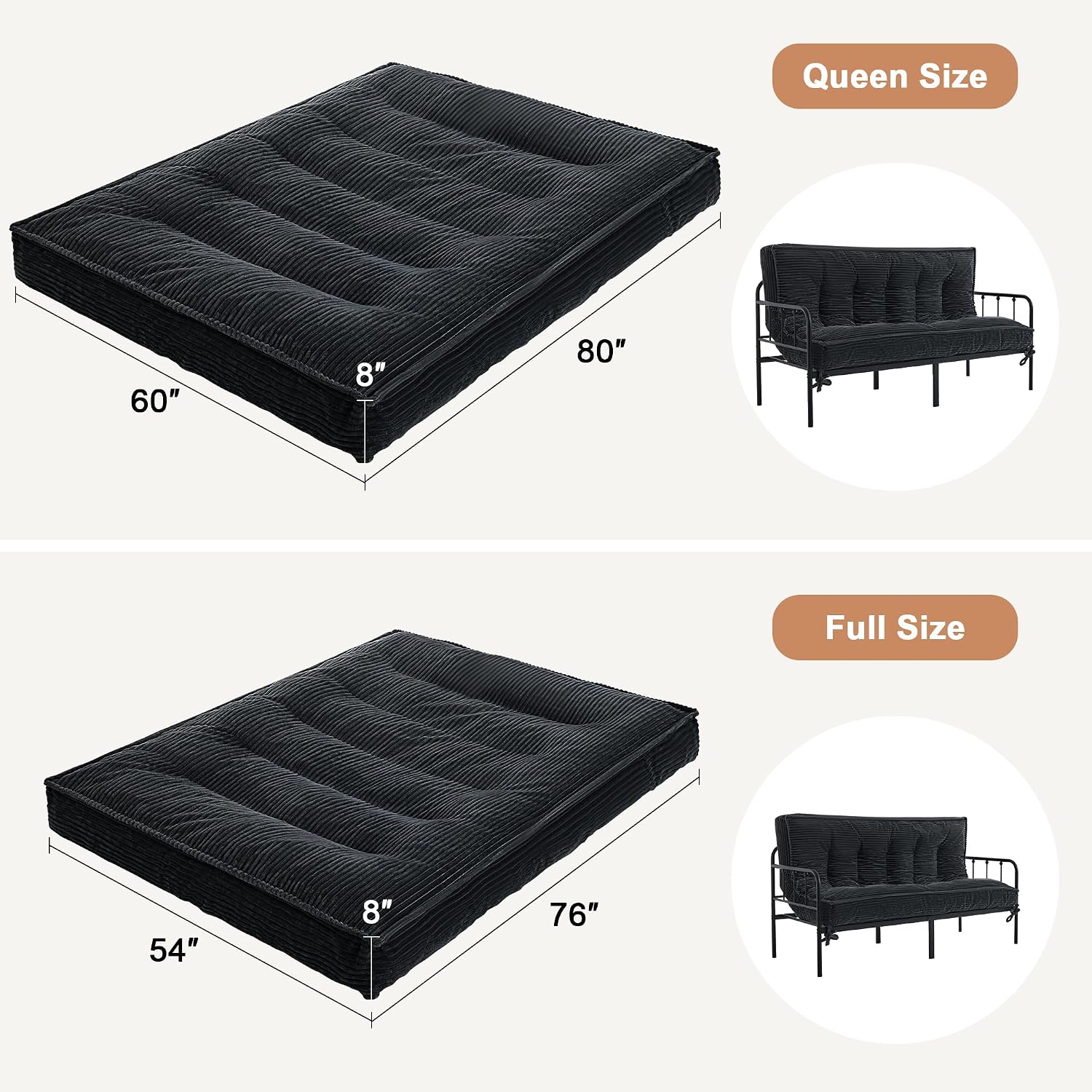 Futon Mattress Queen Size 8",Foldable Floor Mattress (Frame Not Included) | Futon Sofa Bed Thick High Density Shredded Foam,Medium Firm Japanese Style Sleeping Pad for Guest Bedroom Living,Black