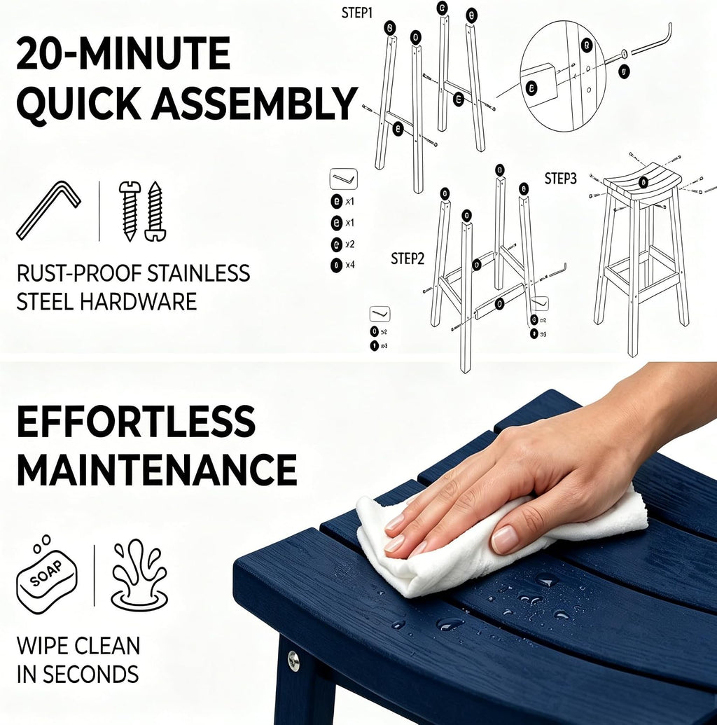 AMILY HDPE Bar Stool Set of 2, Outdoor Bar Height 29‘’, Heavy Duty All-Weather Patio Stool for Poolside, Backyard, Balcony, Easy Assembly (Blue)