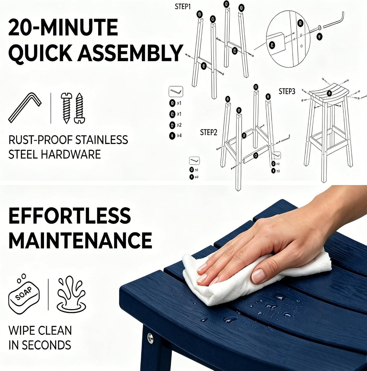 AMILY HDPE Bar Stool Set of 2, Outdoor Bar Height 29‘’, Heavy Duty All-Weather Patio Stool for Poolside, Backyard, Balcony, Easy Assembly (Blue)