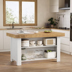 LITTLE TREE 55 Inches Kitchen Island with Storage, 3-Tier Farmhouse Stationary Island Table with Large Worktop & Leg Room, Modern Coffee Bar Table with Storage Shelf for Kitchen, Oak & White