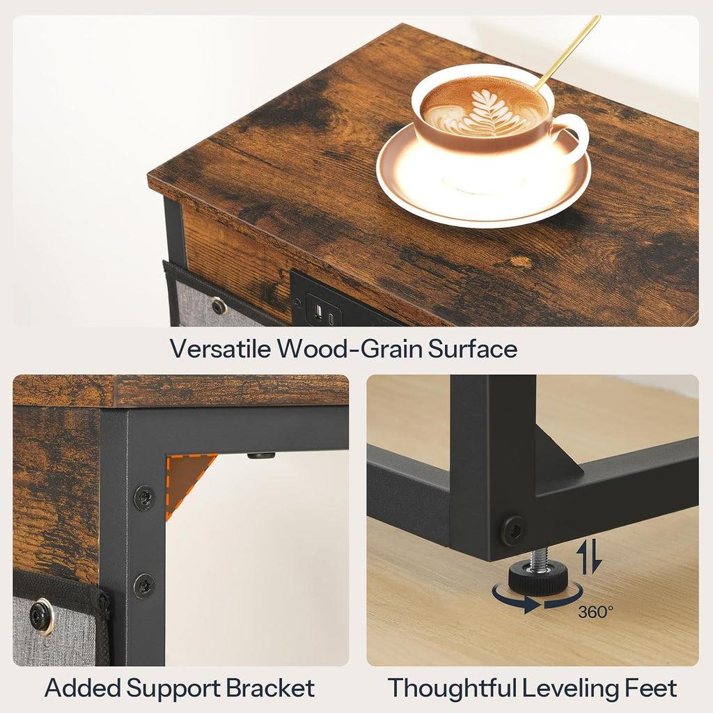HOOBRO C Shaped End Table with Charging Station, 30” Adjustable Height Sofa Side Table with Storage Pocket, Slide Under Couch Table for Sofa Arm Tray, for Living Room, Bedroom, Rustic Brown BF77USF01