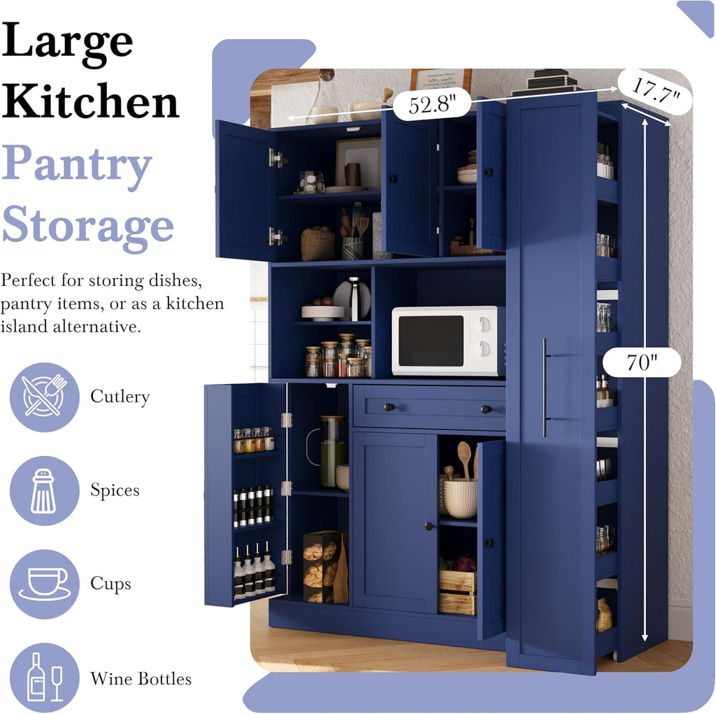 LUMISOL 70" Farmhouse Kitchen Pantry Storage Cabinet with Pull-Out Shelf, Wood Hutch Cabinet with Door Shelves and Drawer, Freestanding Food Hutch with Microwave Stand, Blue