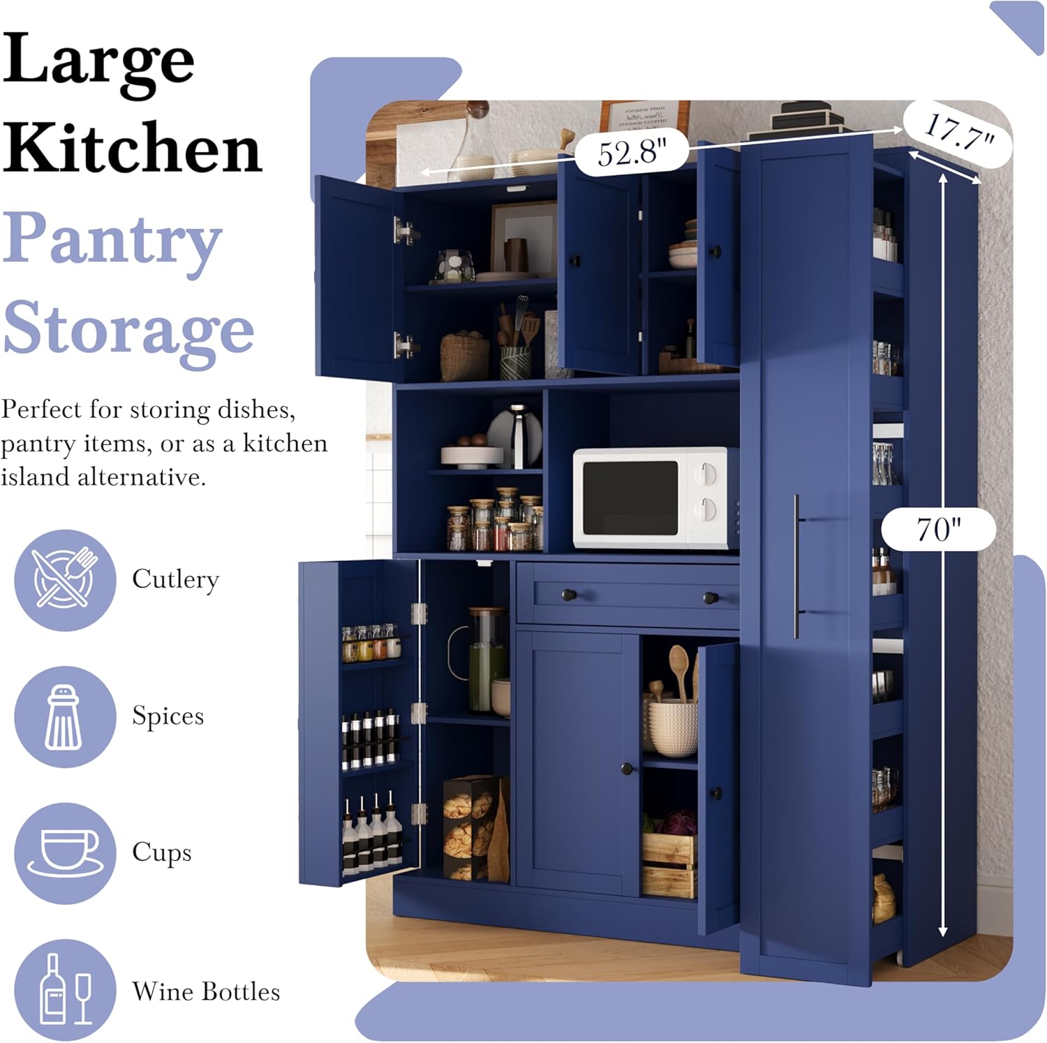 LUMISOL 70" Farmhouse Kitchen Pantry Storage Cabinet with Pull-Out Shelf, Wood Hutch Cabinet with Door Shelves and Drawer, Freestanding Food Hutch with Microwave Stand, Blue