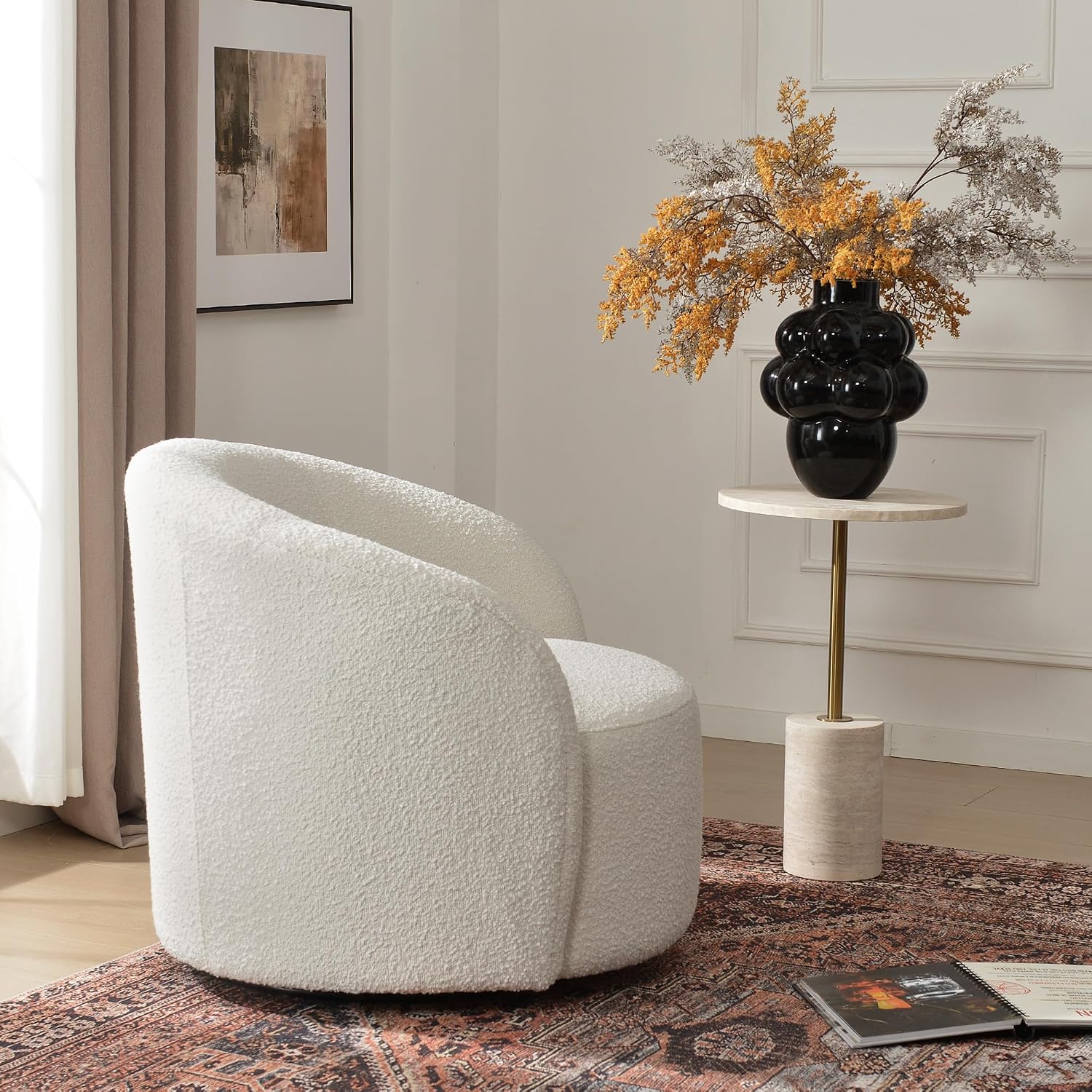 KINWELL 34" W Mid Century Modern Boucle Swivel Barrel Chair, Cream