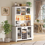 DRIXNO 70.9" White Kitchen Pantry Cabinet with RGB LED Lights & Charging Station, Farmhouse Buffet Hutch with Metal Mesh Doors, Wine Glass Rack & 9 Bottle Storage, Dining Room Cupboard Server