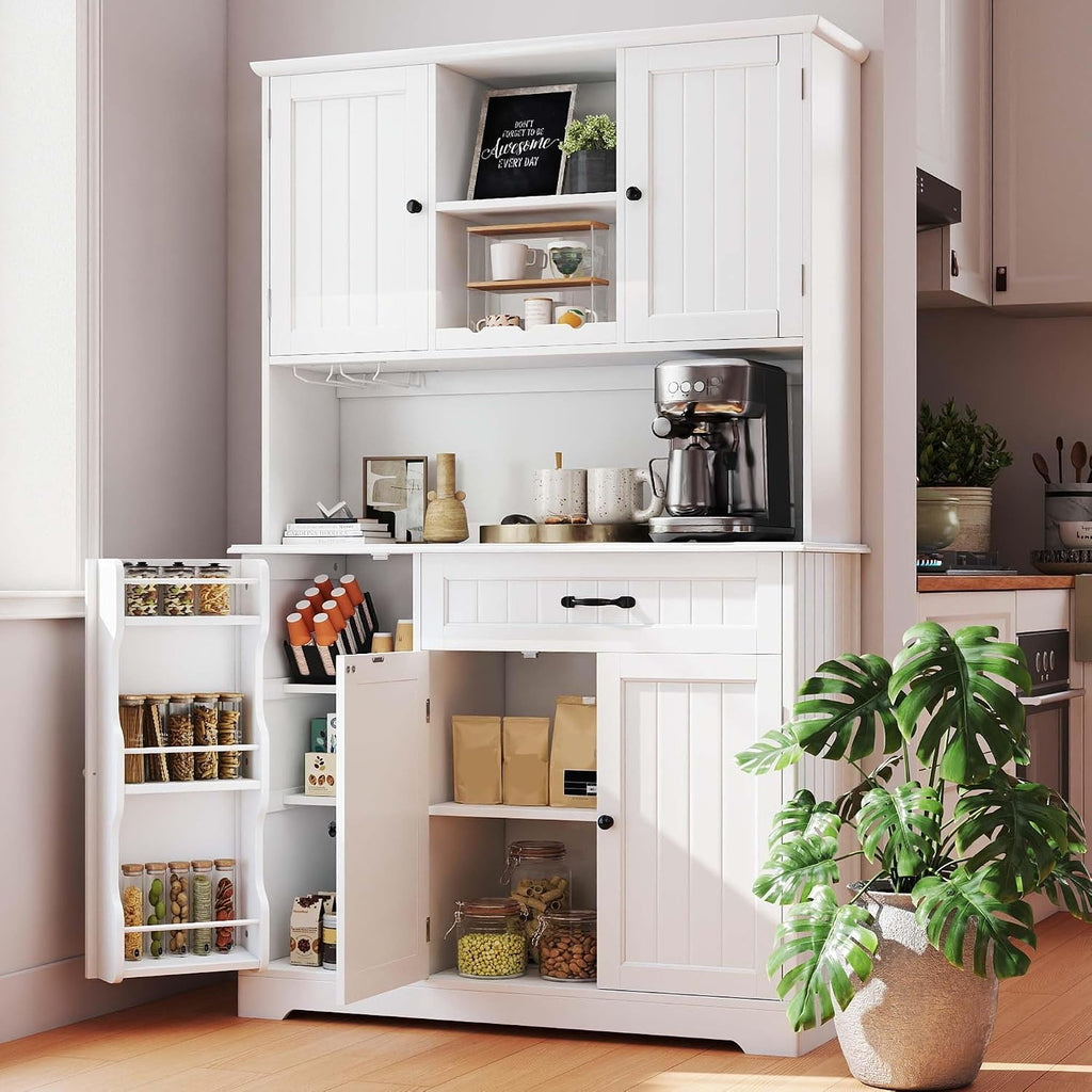 Gizoon Tall Kitchen Storage Cabinet with Door and Shelves White | Kitchen Pantry Cabinet with Storage 67" Large Coffee Bar Hutch with Storage for Dining Room Kitchen and Living Room, Painted