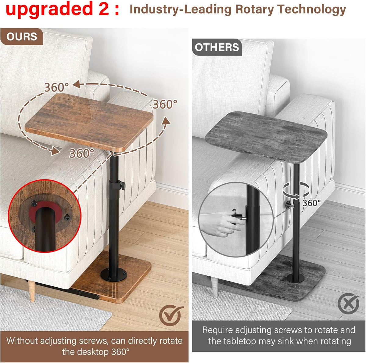 C Table End Table Adjustable Height, 360°Swivel TV Tray Table, Upgraded Metal and Wooden Base to Prevent Slipping, Couch Armrest Table Snack Tables for Laptop Sofa Bed Dinner or Small Space(Brown）