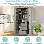 Freestanding Kitchen Pantry,Tall Storage Workstation with 4 Doors, 6 Door Shelves, Removable Shelves and 6 Wine Racks for Dining Room (Grey-FK)
