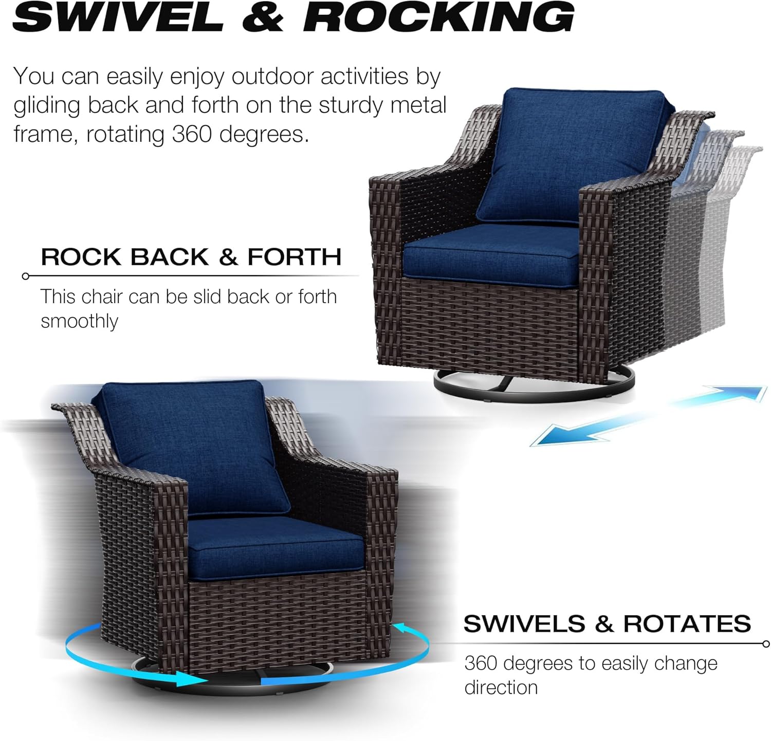 Joyside Outdoor Swivel Chair, Patio Swivel Chairs with Wide Armrest and Thick Cushions, Upgraded Large Size for Backyard, Garden, Poolside