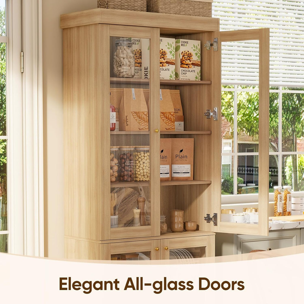 ivaniti 70.8" Tall Farmhouse Kitchen Pantry Cabinet with Glass Doors, Modular Storage Cabinet with 6-Tier Adjustable Shelves, Large Storage Cabinet for Kitchen or Living Room, Set of 3, Brown