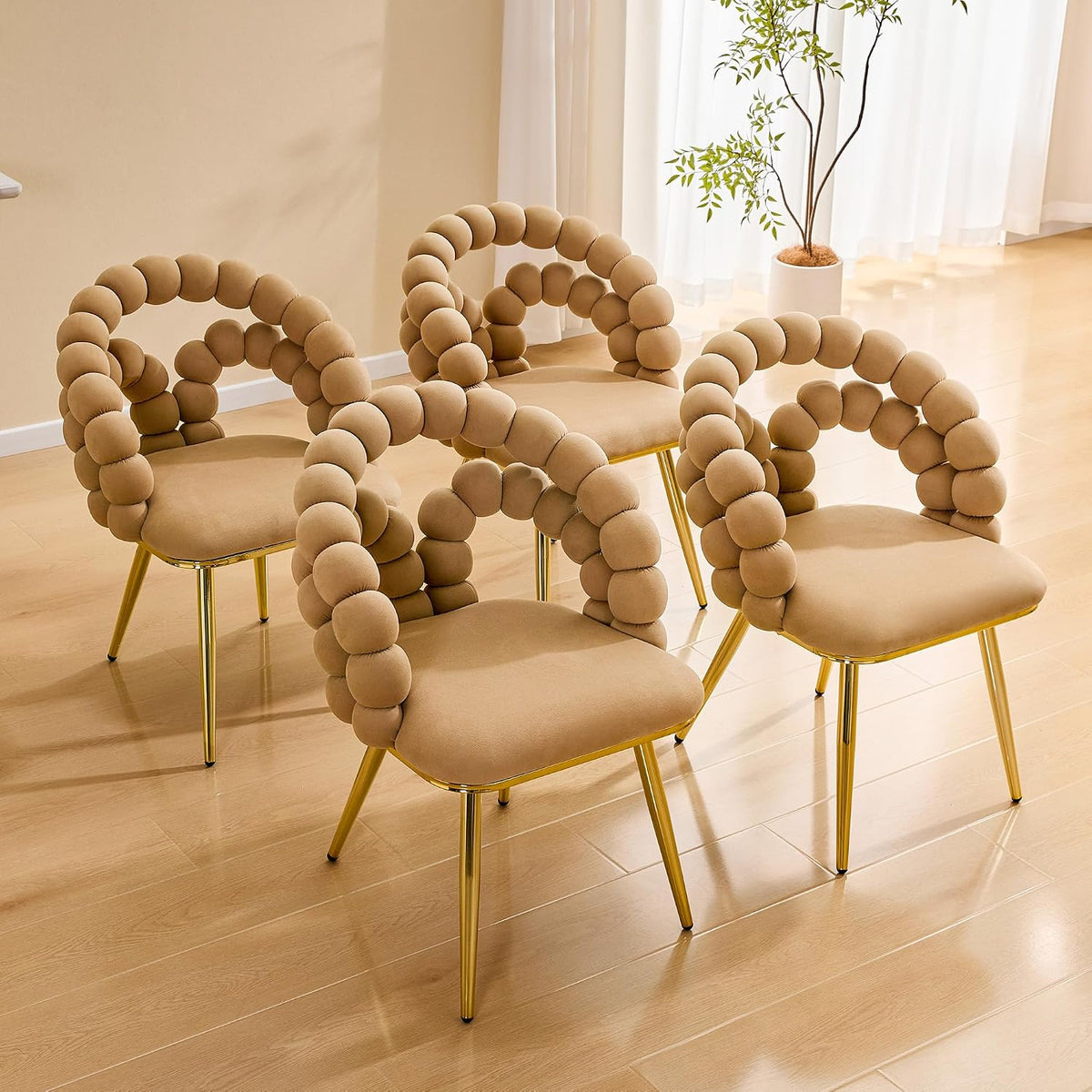 Aoowow Bubble Ball Chain Chairs, Contemporary Luxury Kitchen Chairs, Handcrafted Backrest, Lumbar Support, Modern Velvet Dining Chairs with Gold Legs for Kitchen, Dining Room (Brown, 4 Chairs)