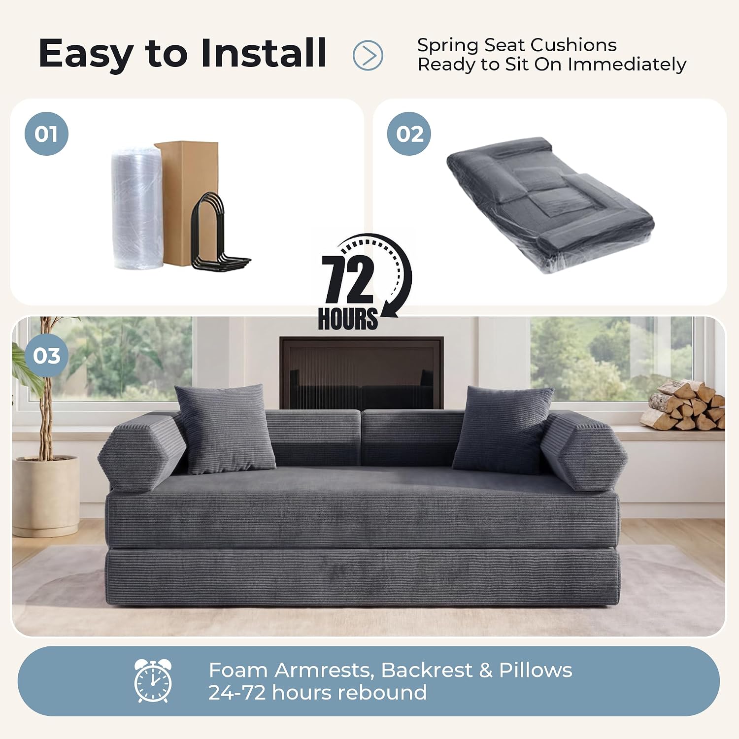 79" Convertible Futon Sofa Bed, Couch for Living Room | Dark Gray | Corduroy Loveseat Sleeper Sofa, Modular Futon Couch with Pocket Spring Core, Pull Out Couch No Assembly
