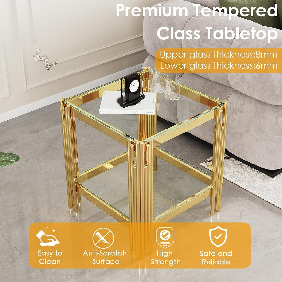 Small Side Table, Square End Table with Tempered Glass & Irregular Gold Stainless Steel Base, 2-Tier Modern Glass End Table with Storage Shelves, Luxury Accent Sofa Table for Living Room, Bedroom