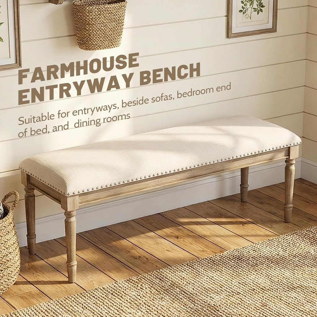 chairus Farmhouse Dining Bench 46" Wooden Entryway Bench with Padded Seat and Nailhead Trim for Kitchen Bedroom,Indoor and Hallway, Beige Linen