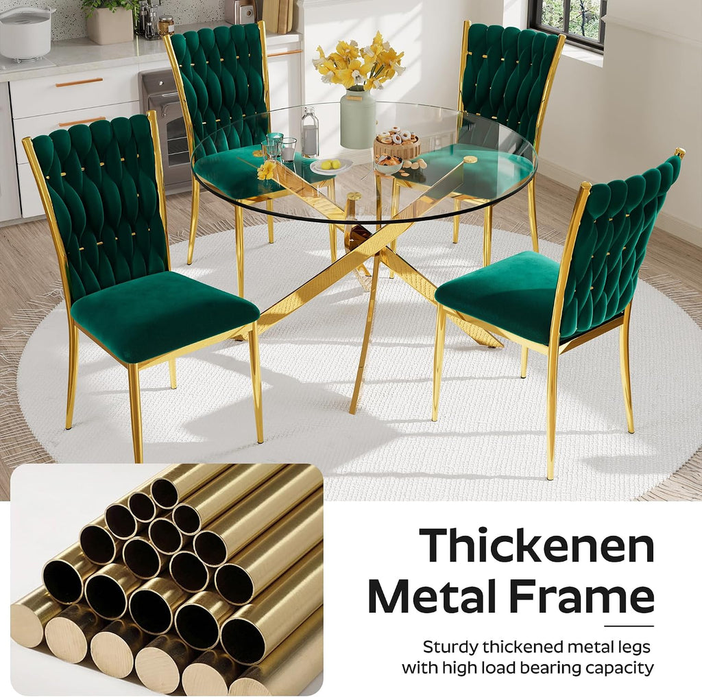 Velvet Dining Chairs Set of 6, Woven Upholstered Dining Chairs with Gold Metal Legs, Modern Accent Chairs for Living Room, Dining Room, Kitchen(Green)