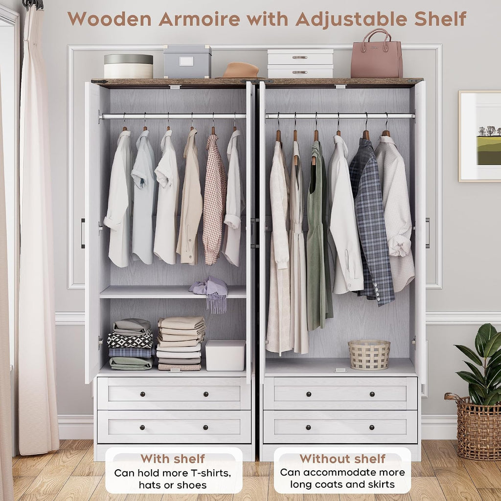 Brafab 2 Doors Wooden Armoire Wardrobe Closet with 2 Drawers, White | 2 Modern Doors, Freestanding, with Drawers and Hanging Rail, Wooden Storage Cabinet with Shelf, for Bedroom