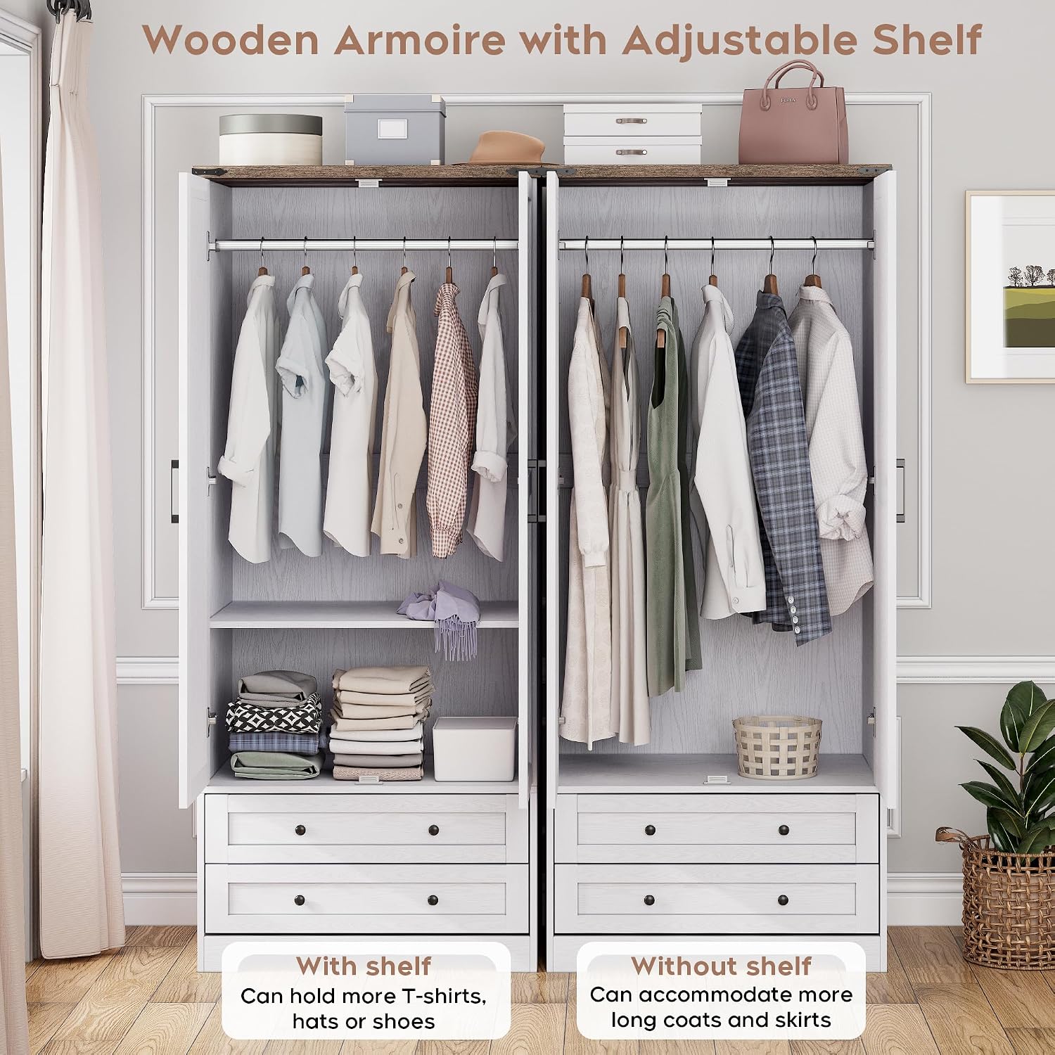 Brafab 2 Doors Wooden Armoire Wardrobe Closet with 2 Drawers, White | 2 Modern Doors, Freestanding, with Drawers and Hanging Rail, Wooden Storage Cabinet with Shelf, for Bedroom