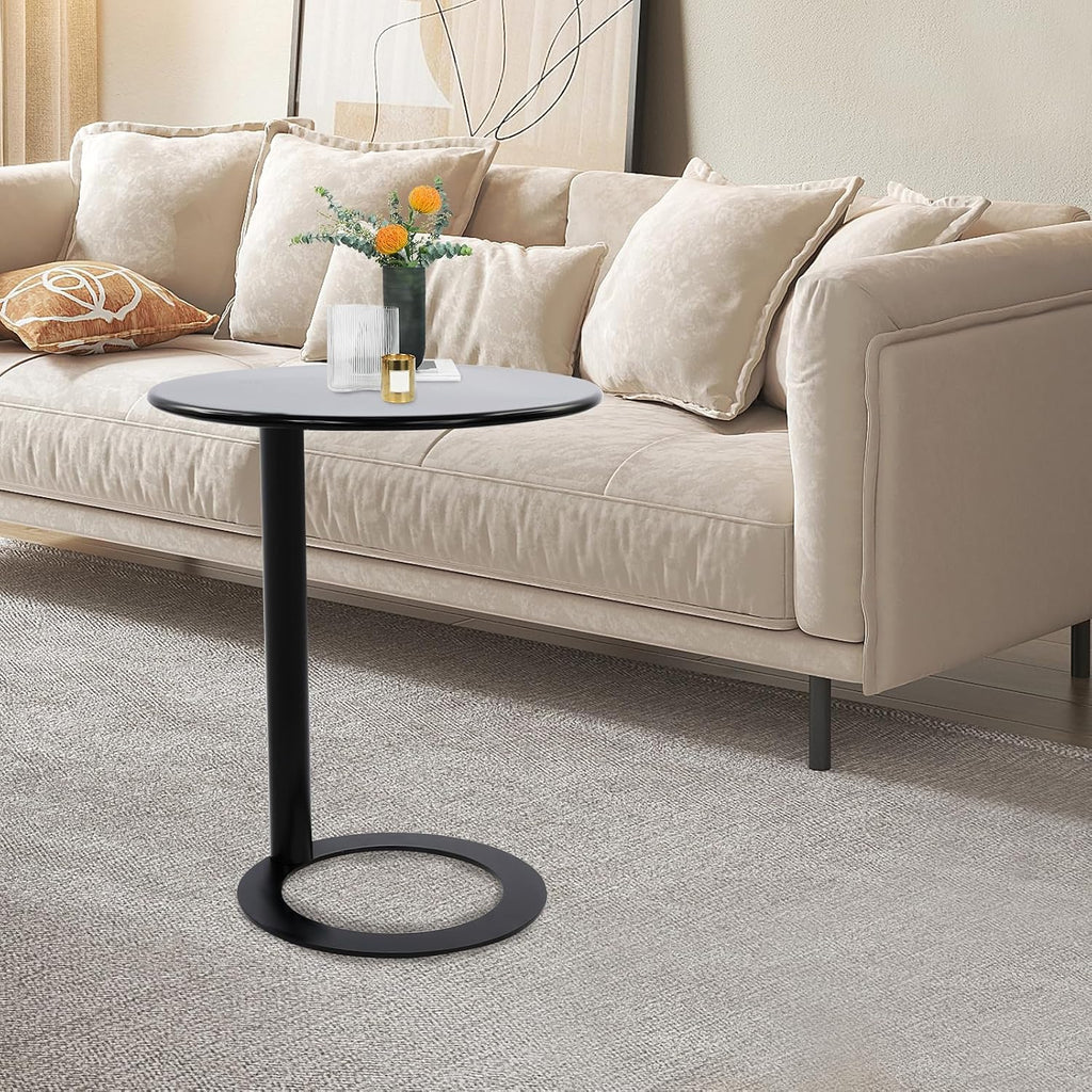 C Shaped Round Side Table, Metal End Table for Couch Sofa Bed, Small Accent Coffee Table with O Shaped Base, Modern Bedside Table for Small Space Living Room Bedroom Office (Black)