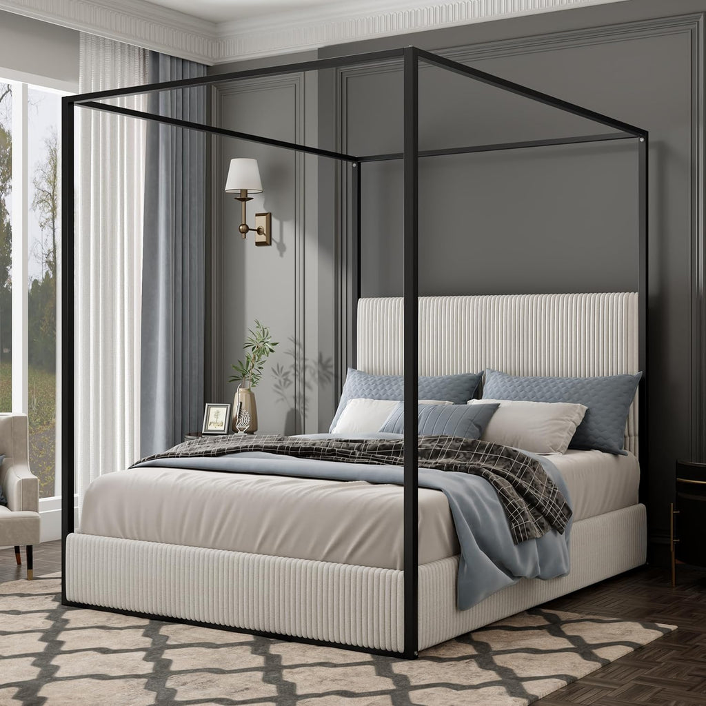 GDFStudio Modern Queen Size Luxury Metal Canopy Bed with 49.5" Velvet Upholstered Headboard, Black Four Poster Frame, Platform Bed Frame No Box Spring Needed, for Bedroom, Living Room, White