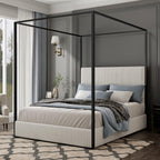 GDFStudio Modern Queen Size Luxury Metal Canopy Bed with 49.5" Velvet Upholstered Headboard, Black Four Poster Frame, Platform Bed Frame No Box Spring Needed, for Bedroom, Living Room, White