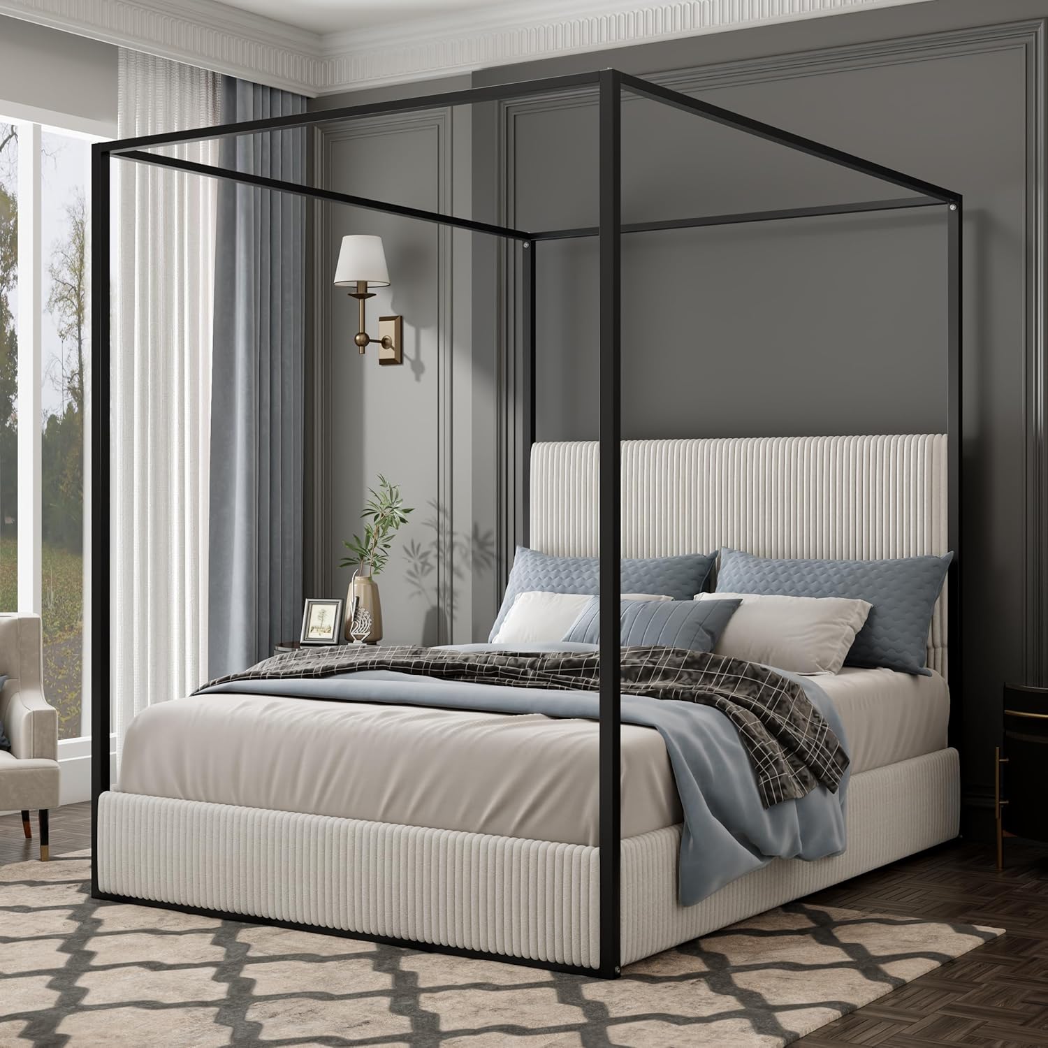 GDFStudio Modern Queen Size Luxury Metal Canopy Bed with 49.5" Velvet Upholstered Headboard, Black Four Poster Frame, Platform Bed Frame No Box Spring Needed, for Bedroom, Living Room, White