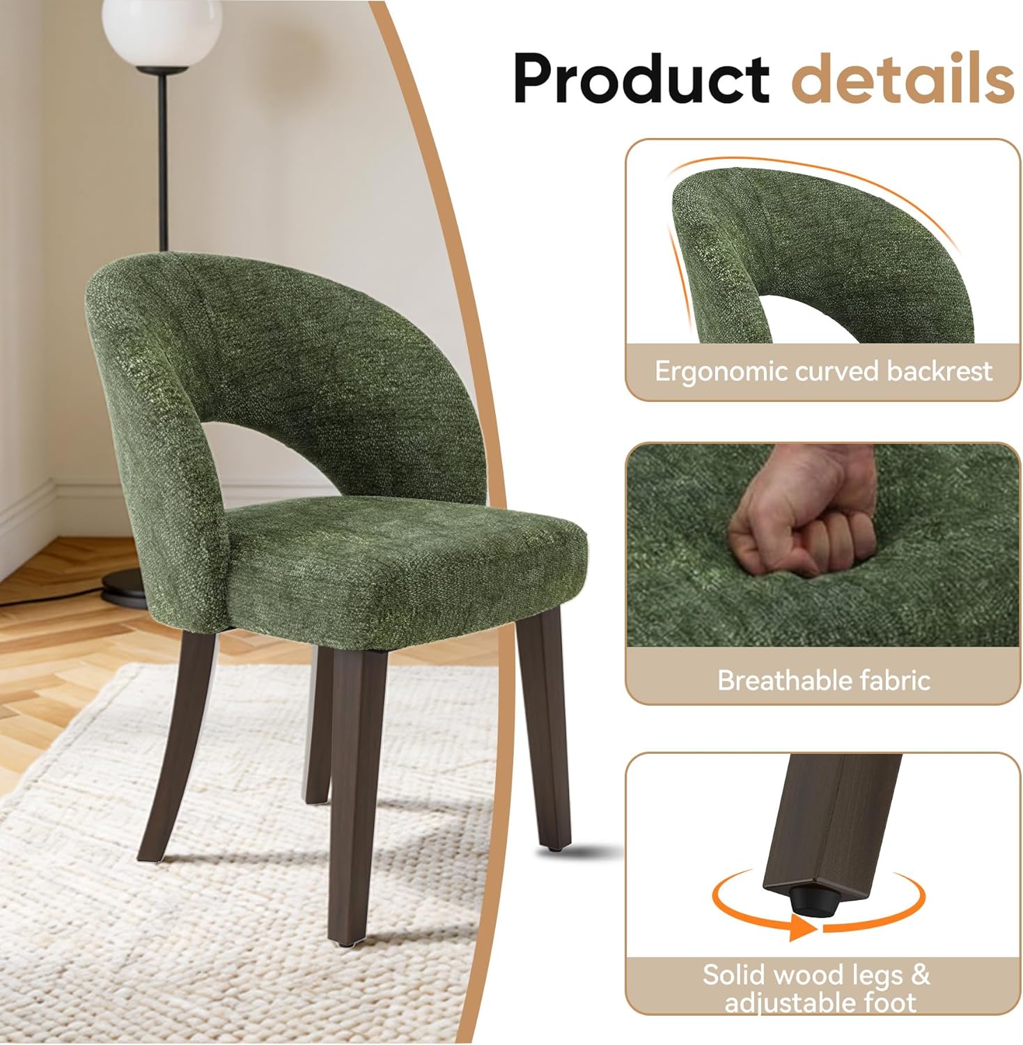 Dining Chairs Set of 4, Mid Century Modern Dining Chairs with Solid Wood Legs, Curved Back Kitchen Chair Farmhouse Side Upholstered Chairs for Kitchen Dining Room, Green