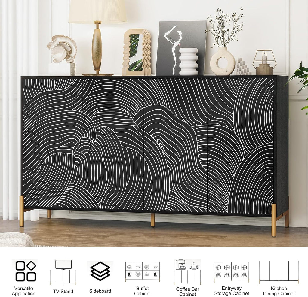 59" Buffet Cabinet, Wood Accent Cabinets with 4 Doors, Modern Cabinet with Adjustable Shelf, Credenzas for Living Room, Kitchen (Black)