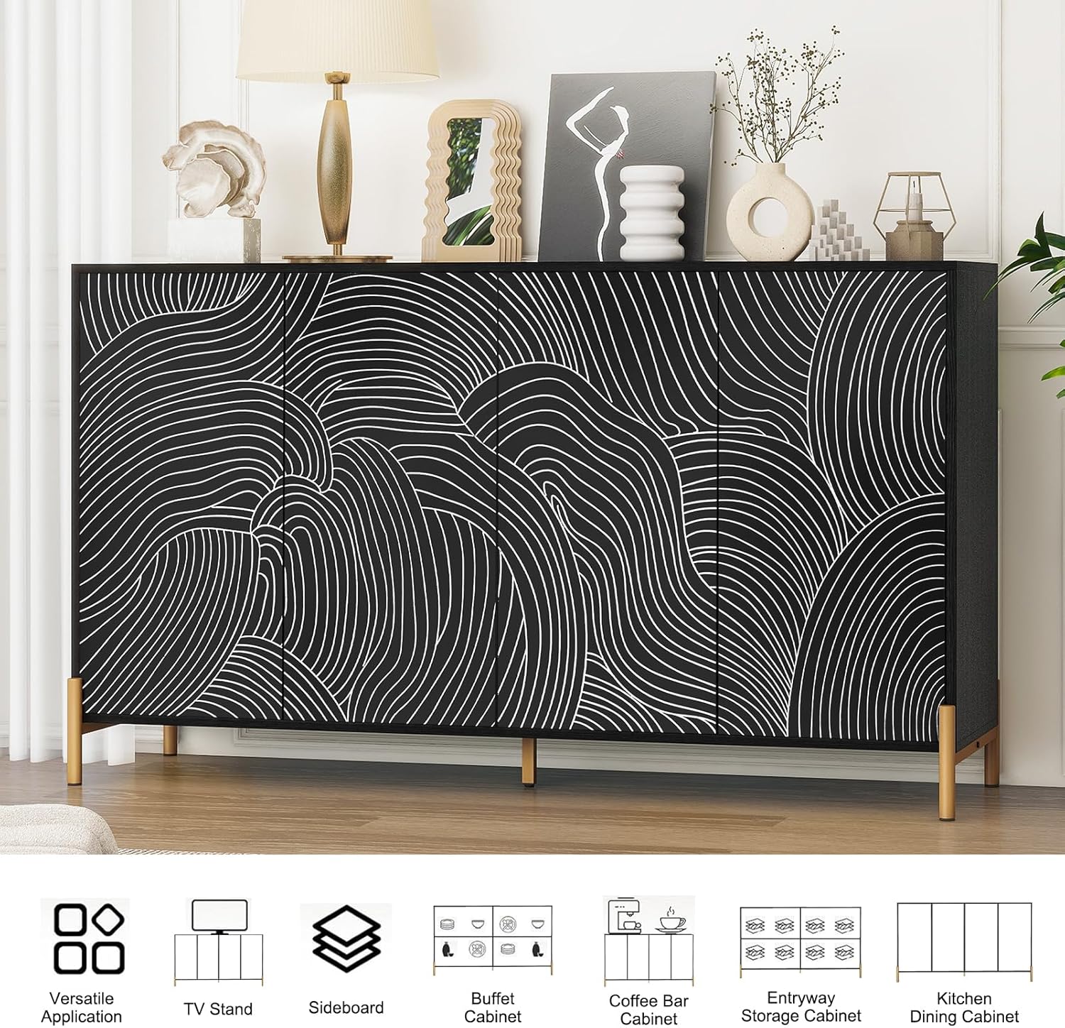 59" Buffet Cabinet, Wood Accent Cabinets with 4 Doors, Modern Cabinet with Adjustable Shelf, Credenzas for Living Room, Kitchen (Black)