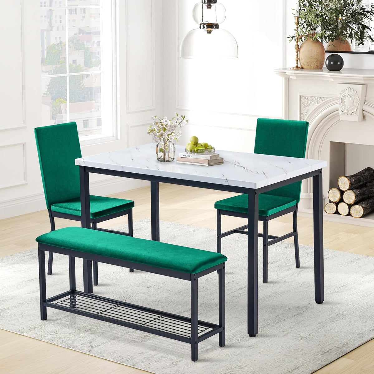 Dining Table Set for 4, 47.2" Faux Marble Kitchen Table Set with Upholstered Velvet Chairs and Bench, 4-Person Rectangular Space Saving Dinette Set for Apartment, Restaurant, Home (Green)