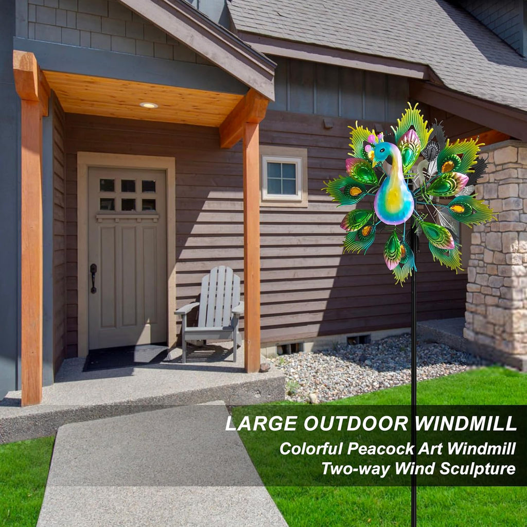 Outdoor Peacock Wind Spinners Featuring Glittering Gem Decor, 13.5" D x 65" H Double Layer Kinetic Wind Sculptures, 360° Rotatable Metal Garden Wind Spinners for Yard and Outdoor Decor Blue