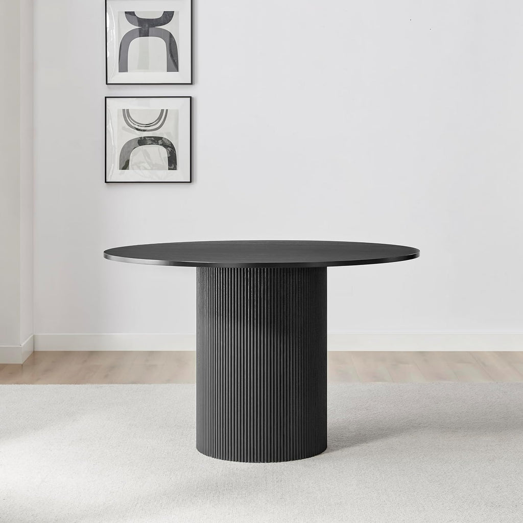 Furniturebox UK Dining Table - 'Penrose' Black 120cm 4-6 Seat Round Wooden Pedestal Dining Table - Melamine Veneer - Slatted Wood Pillar Leg - Modern Scandi Japanese Style Dining Furniture (Black)