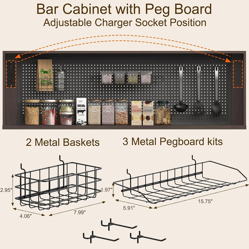 71" Tall Pantry Cabinet with Power Outlet & Pegboard, Kitchen Hutch Storage Cabinet with Arched Fluted Glass Doors, LED Lights, Wine Rack, Baskets & Adjustable Shelves, Brown
