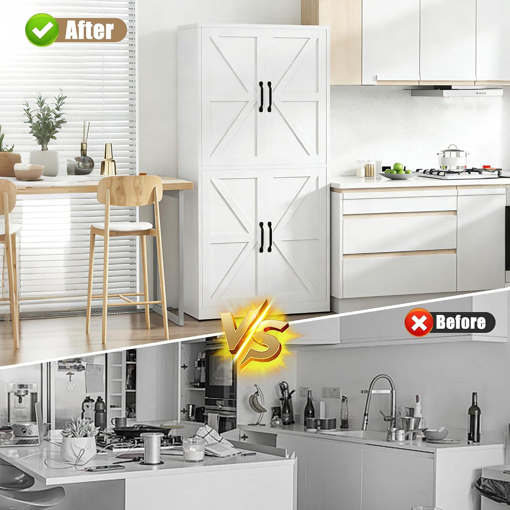 White Steel Kitchen Pantry Storage Cabinet with Adjustable Shelves, Heavy Duty Country Style Metal Storage Cabinet for Kitchen Bathroom Living Room