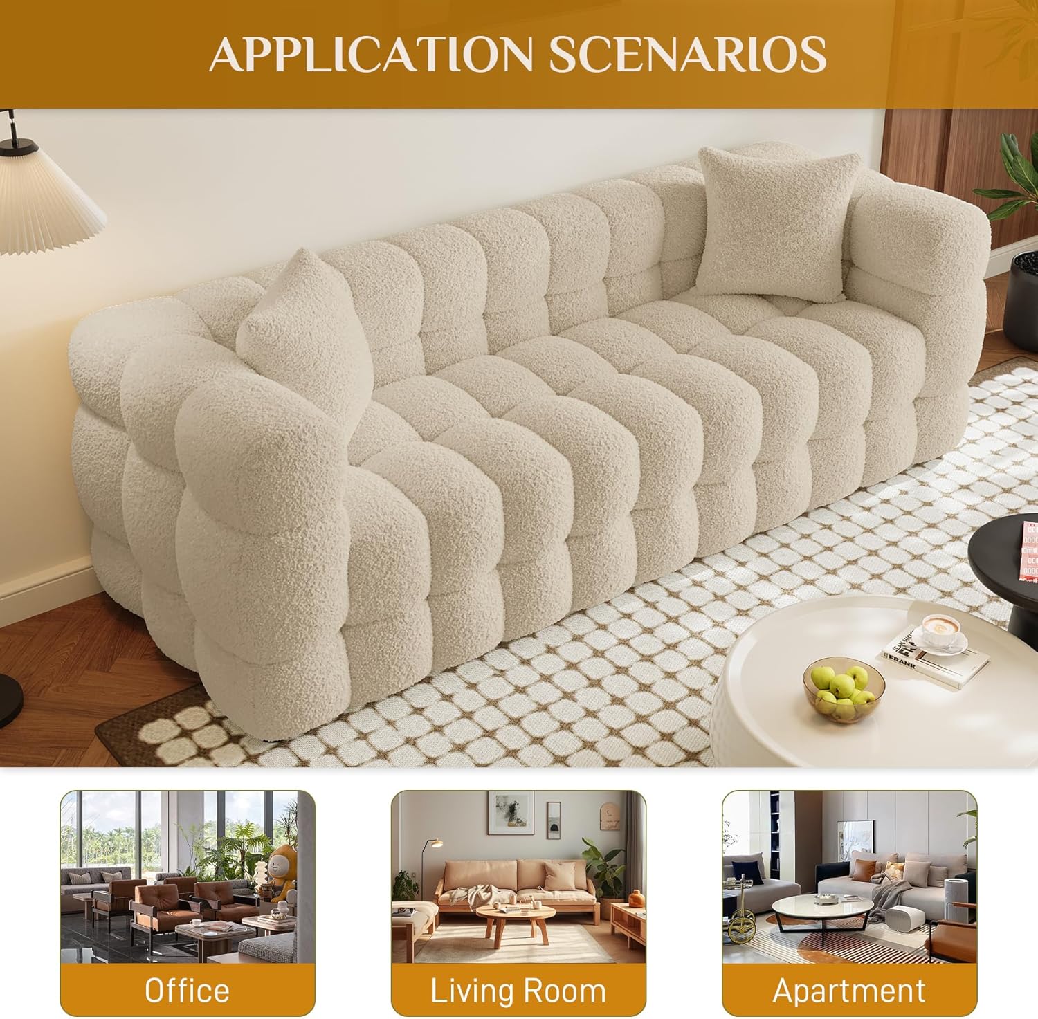 Wrofly Boucle Sofa Couch, 74.8" Comfy Upholstered Sherpa Sofa, Tufted Cozy 3-Seater Deep Seat Cloud Couch, Modern Oversized Loveseat with 2 Pillows for Living Room Apartment Office, Light Brown