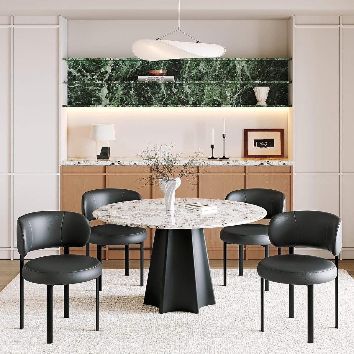Black Dining Chairs Set of 4 Upholstered Leather Dining Chair with Curved Backrest, Mid Century Modern Chair with Metal Frame, Comfortable Chairs for Kitchen and Dining Room, Restaurant,Bar (Black-4)
