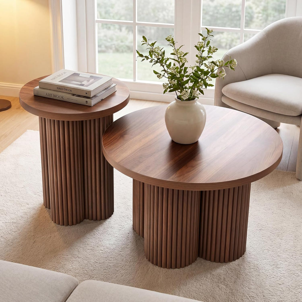 Nesting Coffee Tables Set of 2, Fluted Nesting Tables for Living Room, Multifunctional Round Coffee Table and Side Table Set Wooden Center Tables Small Coffee Table for Small Spaces Balcony